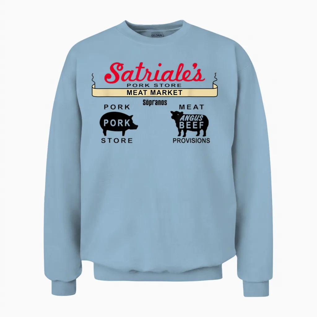 The Sopranos Satriale's Classic Meat Market Graphic Apparel Unisex Sweatshirt in Light Blue