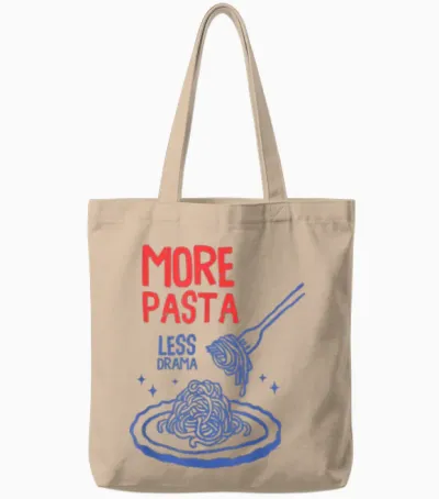 More Pasta Less Drama Funny Foodie Spaghetti Noodle Humour Tote Bags - Natural