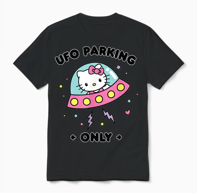 Hello Kitty Ufo Parking Only Area 51 Alien Spaceship Unisex T-Shirt in Black