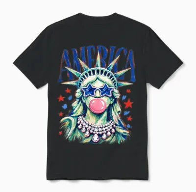 Brushstroke Statue of Liberty Blowing Bubble Gum 4th of July Unisex T-Shirt - Black