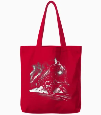 Steam Train Locomotive Train Vintage Train T-Shirt, Black, S Tote Bags - Red