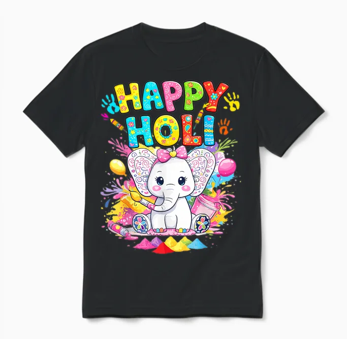 Happy Holi 2026 T Shirts Holi Festival of Colors Kids Girls Unisex T-Shirt in Black