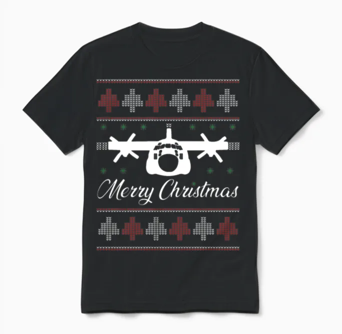 C-130 Hercules Airplane Ugly Christmas Unisex T-Shirt in Black