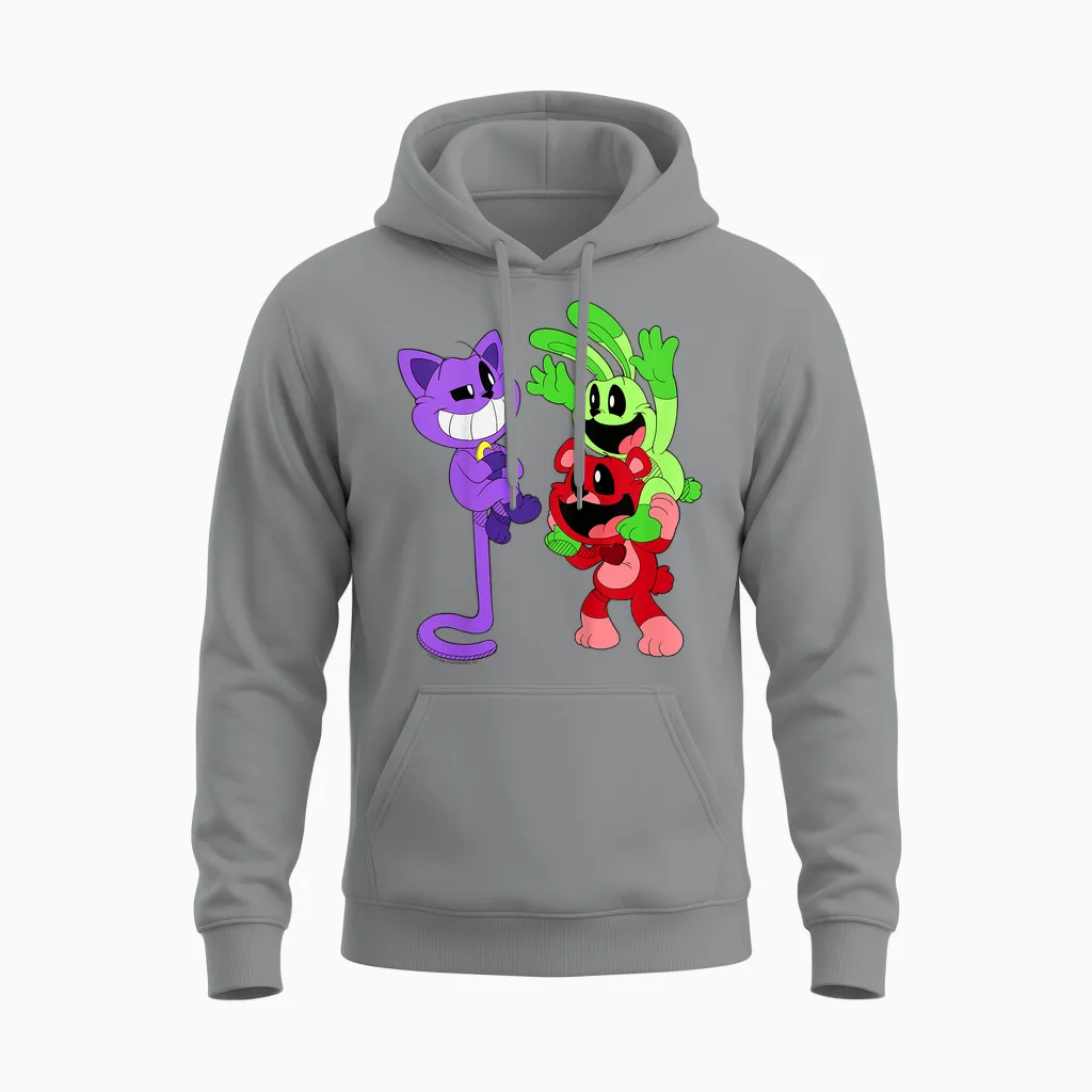 Children's Poppy Playtime Catnap Bobby Bearhug & Hoppy Hopscotch Unisex Hoodie in Sport Grey