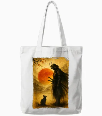 Samurai Warrior & Fighter | Black Cat, Vintage Japanese Art Tote Bags - White
