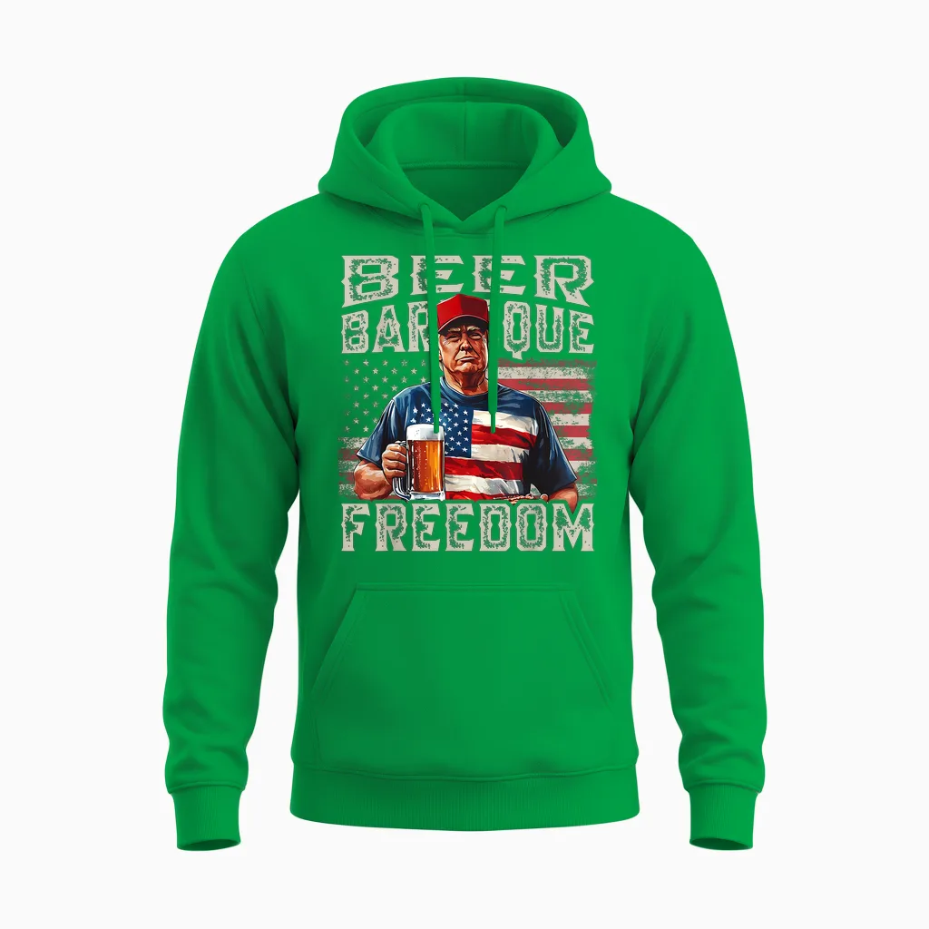 Fourth of July Trump Bbq Beer and Freedom Red White Blue Unisex Hoodie in Irish Green