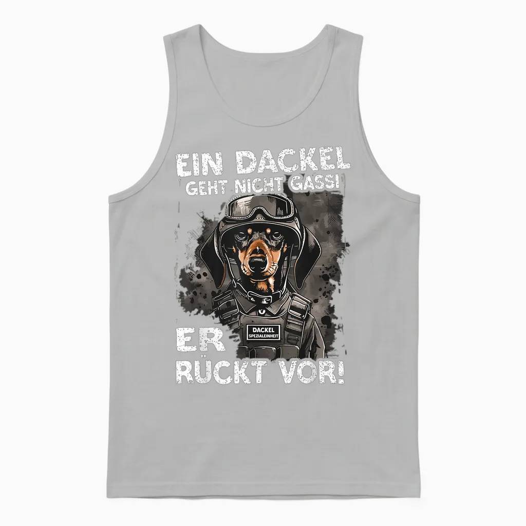 Funny Dachshund T-Shirt with German Text "ein Dackel Geht Nicht Gassi Er Rückt Vor " Ein Dachshund, Black Unisex Tank Top in Ash