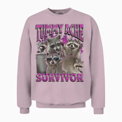 Tummy Ache Survivor Funny Raccoon Meme Bootleg Graphic 90s T-Shirt, Black Unisex Sweatshirt - Light Pink