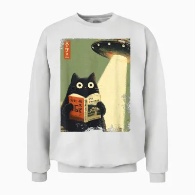 Vintage Japanese Cat Book for Ufo Lovers Alien Abduction Unisex Sweatshirt - White