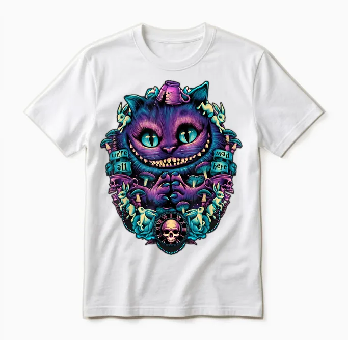 Alice in Wonderland Cheshire Cat All Mad Here T-Shirt, Black Unisex T-Shirt in White