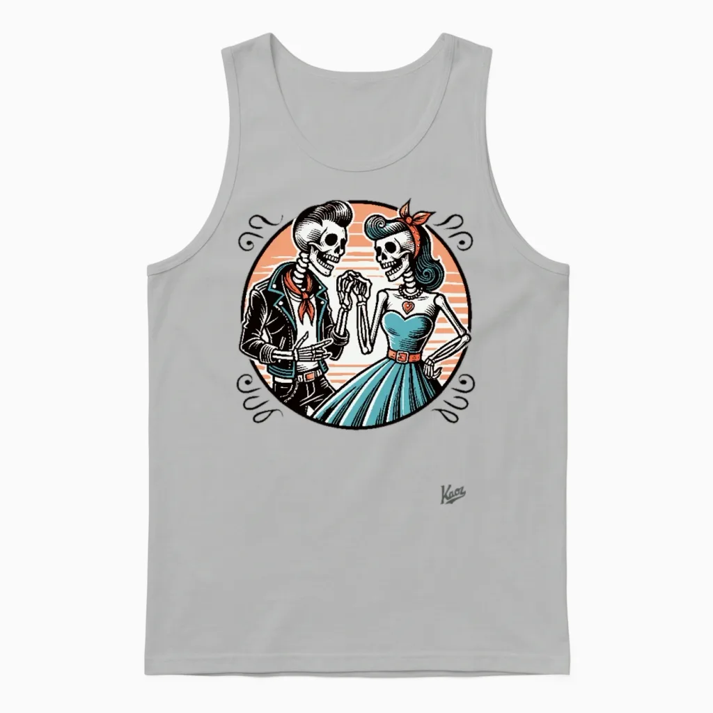 Retro Rockabilly Skeleton Couple Unisex Tank Top in Ash