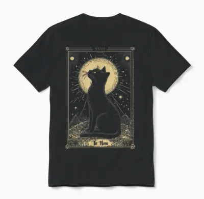Gothic Tarot Card the Moon Cat Crescent Mystical Art T-Shirt, Black, S Unisex T-Shirt - Black