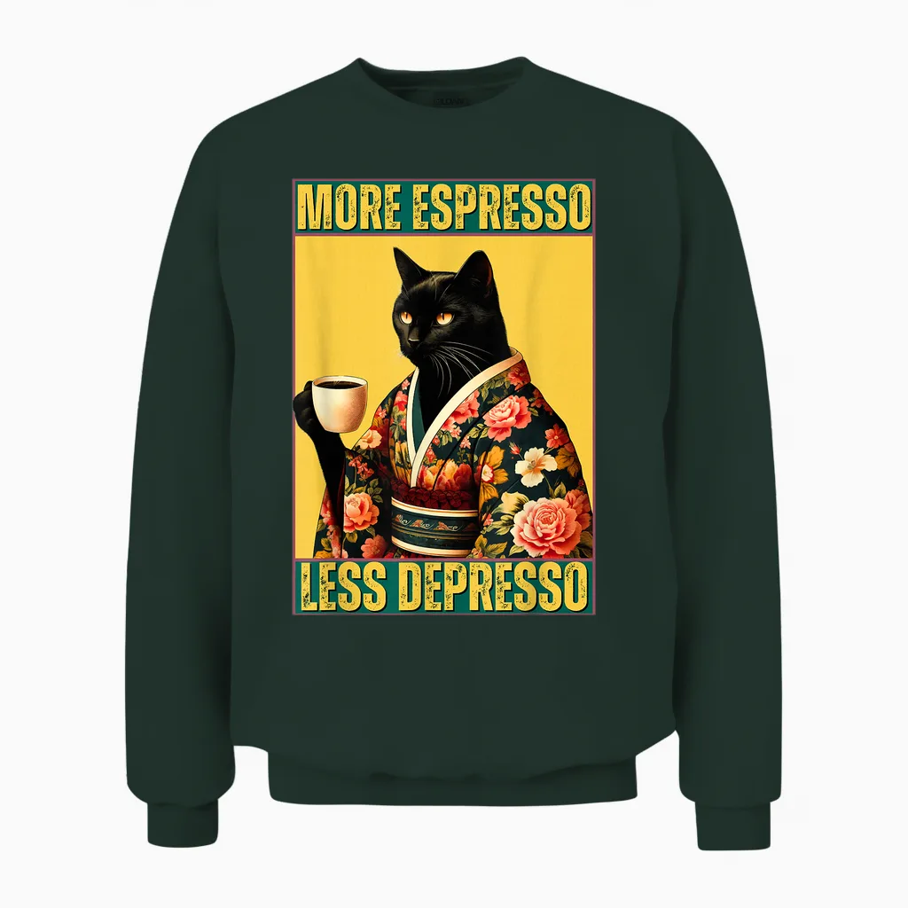 More Espresso Less Depresso Kimono Cat Japanese Art T-Shirt, Black Unisex Sweatshirt in Forest