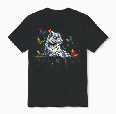 Schneeleopard Tierkunst Schmetterlinge Unisex T-Shirt - Black