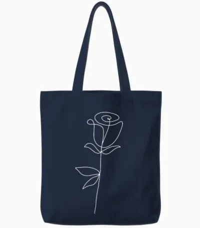 One Line Art Rose Flower Minimalist Modern White Aesthetic T-Shirt, Black Tote Bags - Navy