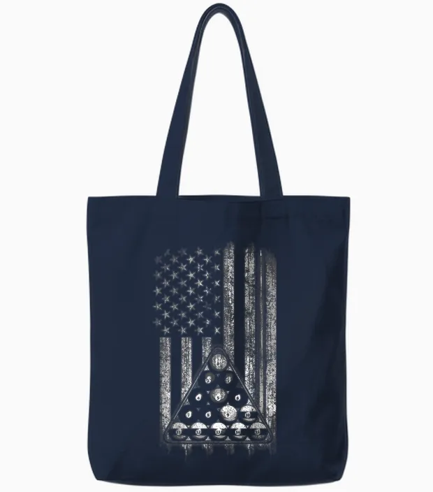 Pool Player American Flag Cue Stick and Billard Balls Usa Tote Bags in Navy