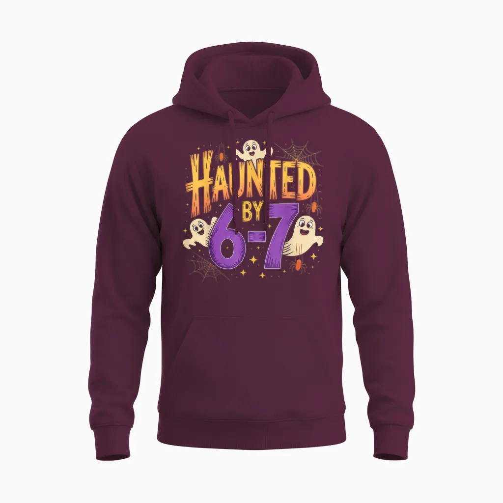 Haunted by 6-7 Halloween Ghosts and Spiders Design Unisex Hoodie in Maroon