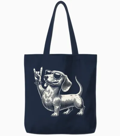Rock Music Funny Heavy Metal Dachshund Festival T-Shirt, Black Tote Bags - Navy