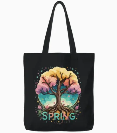 Spring Tree with Flowers Cheerful Colors Tote Bags - Black