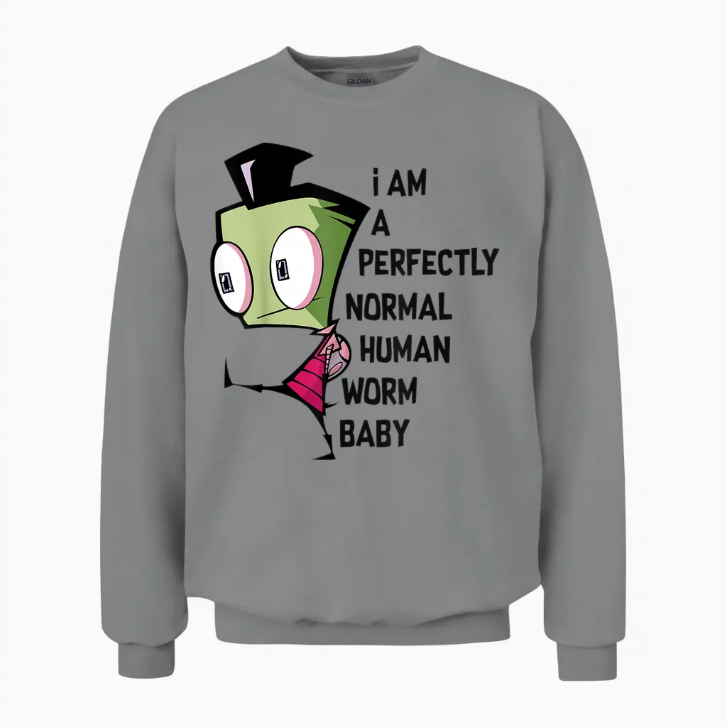 Invader Zim I Am Perfectly Normal Human Worm Baby Portrait T-Shirt Small Unisex Sweatshirt in Sport Grey