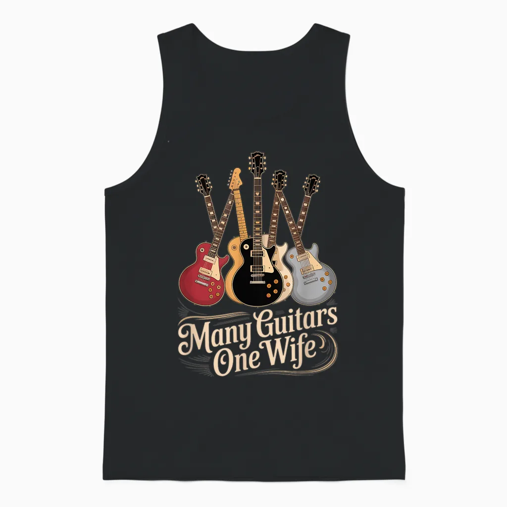 Many Guitars One Wife Guitarist Quote Music Lover Unisex Tank Top in Black