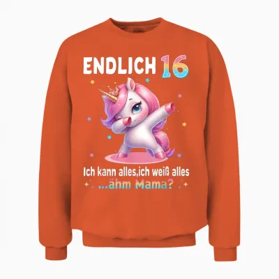 16th Birthday Girl 16 Years Unicorn Party Outfit Unicorn T-Shirt, Black Unisex Sweatshirt - Orange
