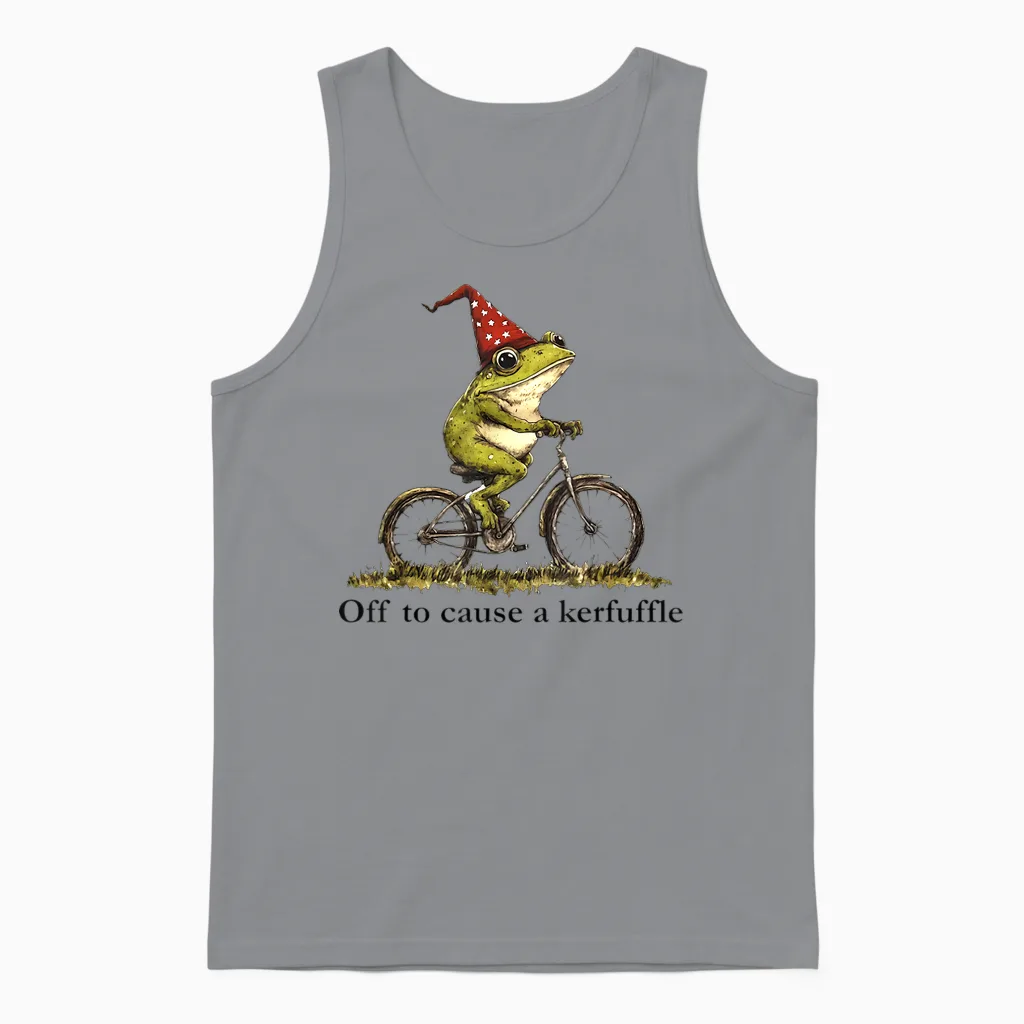 Off to Cause a Kerfuffle Frog Funny Weirdcore Sayings Unique Unisex Tank Top in Sport Grey