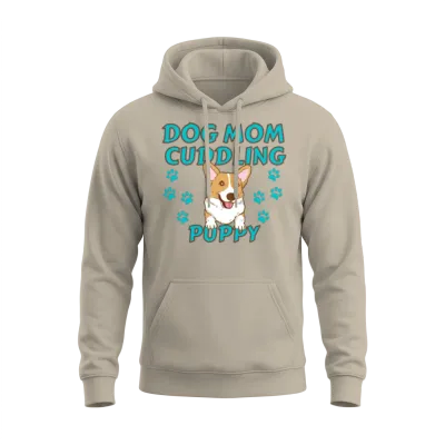 Dog Mom Cuddling Puppy , Dogs Lovers, Funny Dog Unisex Hoodie - Sand