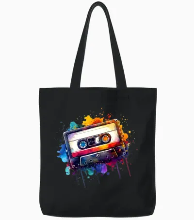 Colorful Retro Music Cassette Tote Bags - Black