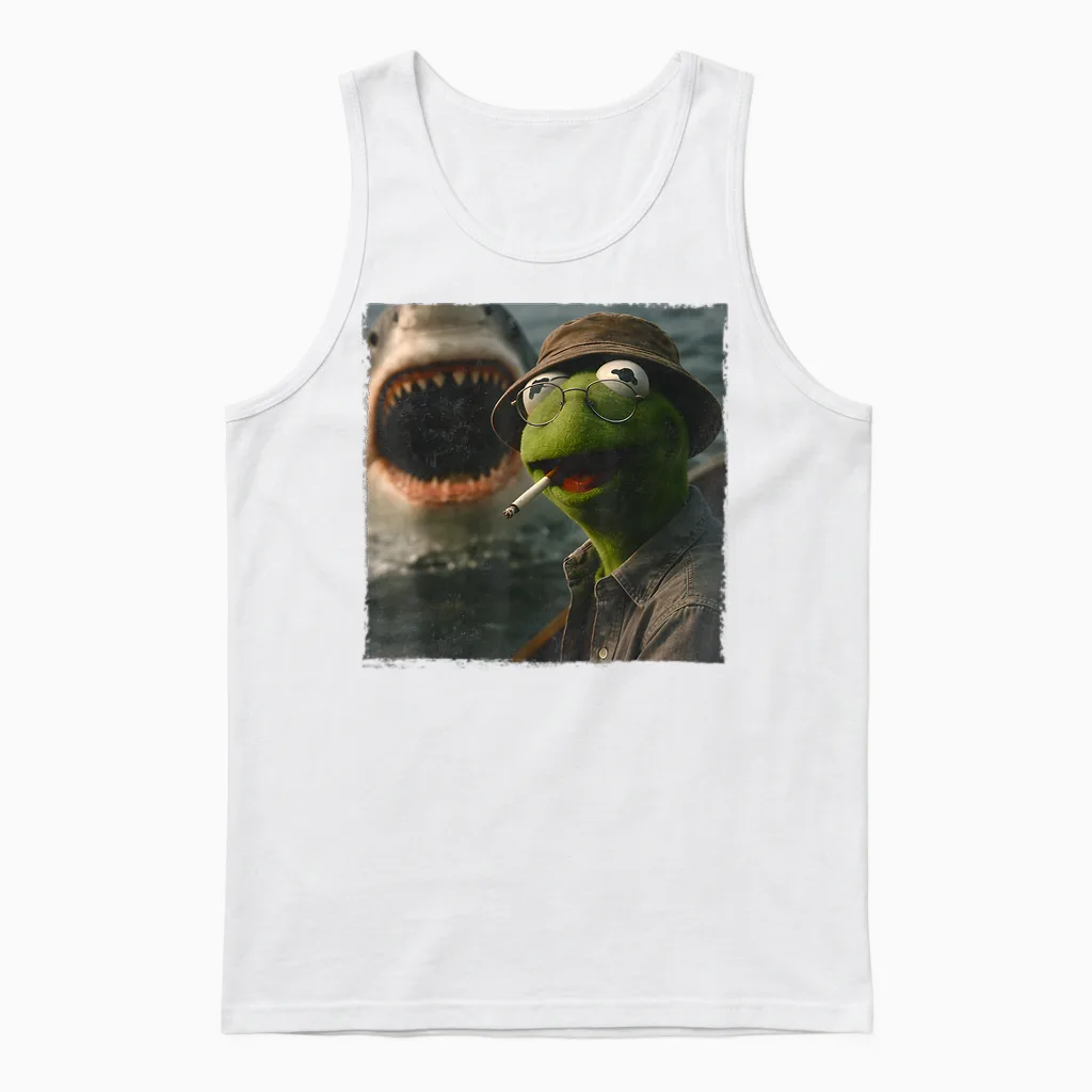 Funny Smoking Frog Meme Vintage Shark Attack Parody Unisex Tank Top in White
