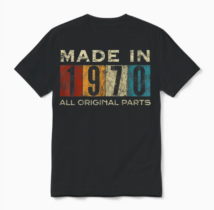 Retro 1970 All Original Parts Vintage Made in 1970 Unisex T-Shirt in Black