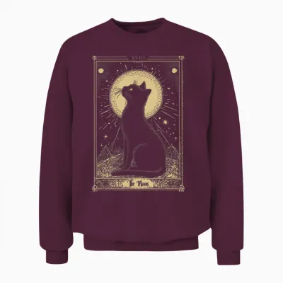 Gothic Tarot Card the Moon Cat Crescent Mystical Art T-Shirt, Black, S Unisex Sweatshirt - Maroon