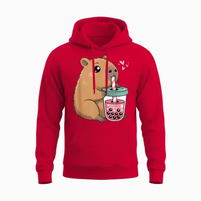 Cute Capybara Kawaii Anime Capybara Drinking Bubble Tea Love Unisex Hoodie - Red