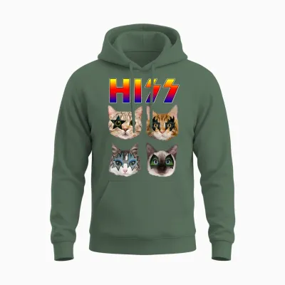Hiss Funny Cats Kittens Rock Rockin Short Sleeve T-Shirt Gift Tee Pun Unisex Hoodie - Military Green