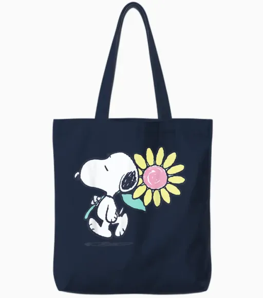 Peanuts Snoopy Pink Daisy Flower Tote Bags in Navy