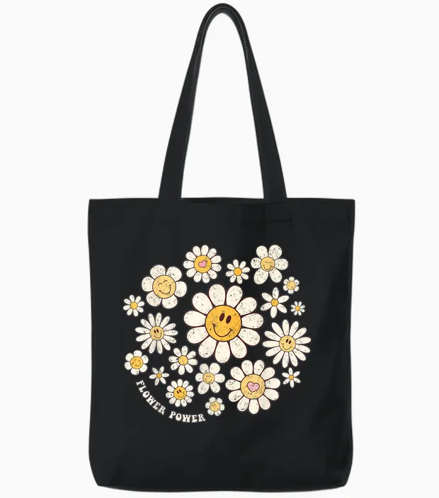 Flower Power Sweet Smile Face Flower Happy Face Flowers Girls Tote Bags in Black