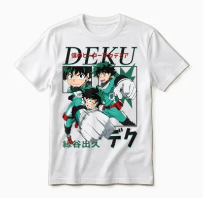 My Hero Academia Deku Action Poses Collage with Kanji Anime Unisex T-Shirt - White