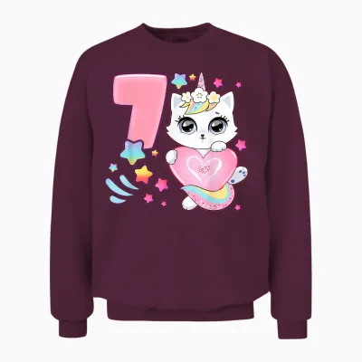 Geburtstag Mädchen 7 Jahre, Katze, Einhorn, 7. Geburtstag Unisex Sweatshirt - Maroon