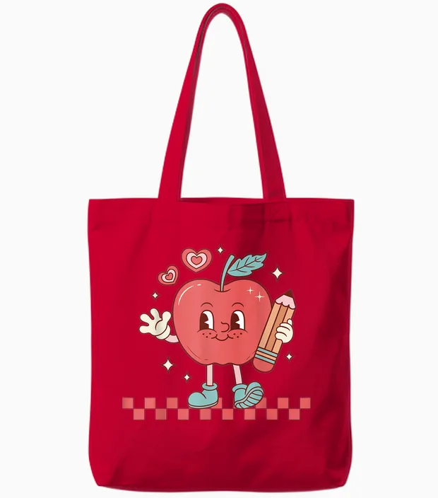 Cute Retro Checkered Apple with Face Teacher Pencil Trendy Tote Bags in Red