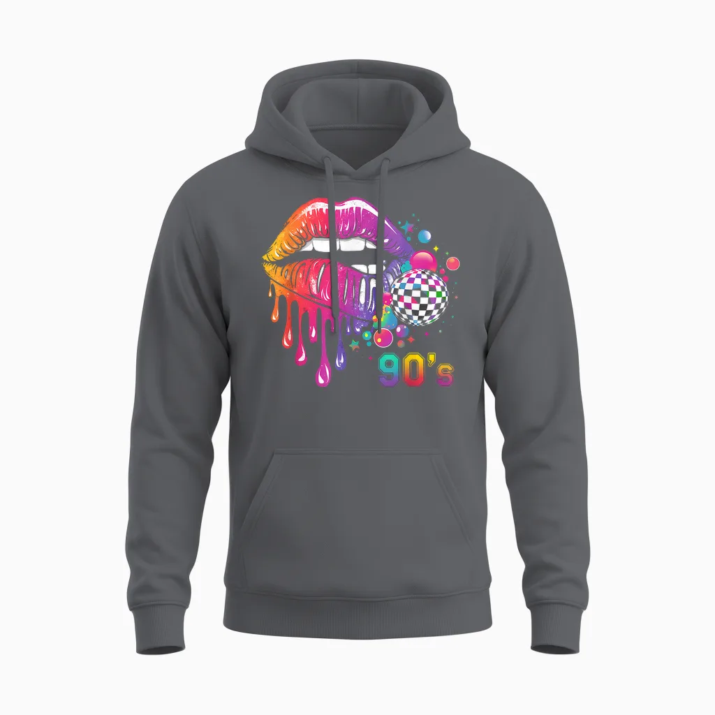 90's Carnival Costume Lips 80s 90s Party T-Shirt, Black Unisex Hoodie in Charcoal