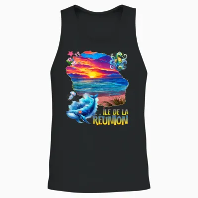 Reunion Island Sunset Sea Blue Whale Jellyfish T-Shirt, Black, S Unisex Tank Top - Black