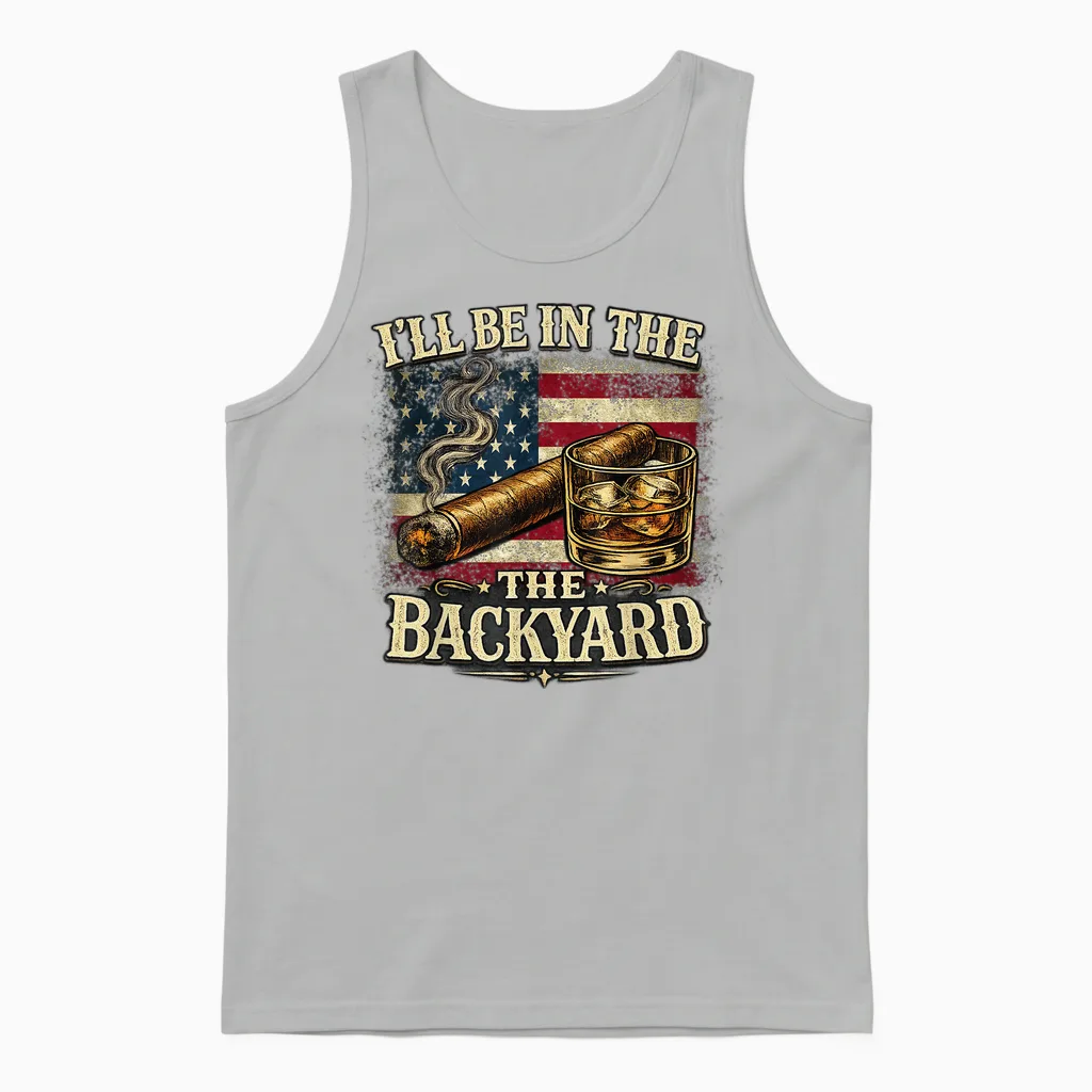 I'll Be in the Backyard Cigar and Bourbon Vintage Usa Unisex Tank Top in Ash