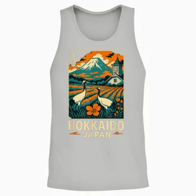 Hokkaido Japan Vintage Travel Mountain Cranes Art Unisex Tank Top - Ash