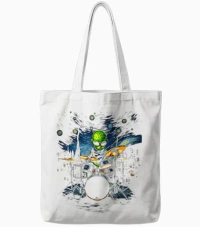 Van Gogh Alien Percussionist Drum Kit Playing Drum T-Shirt, Black, S Tote Bags - White