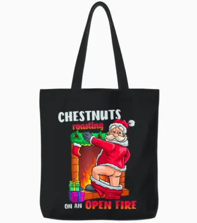 Chest Nuts Roasting Funny Naughty Santa Dirty Food Pun Xmas Tote Bags - Black