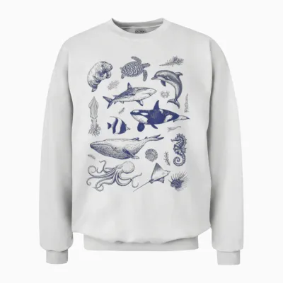 Ocean Wildlife Vintage Shark Turtle Octopus Graphic Tees Unisex Sweatshirt - White