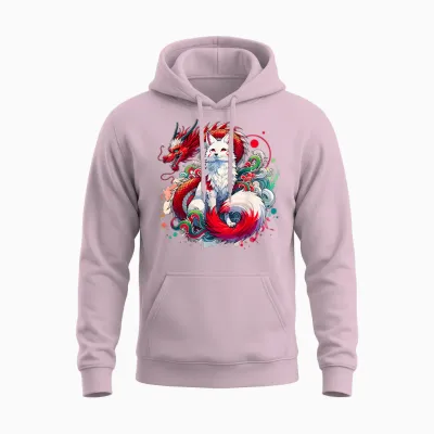 Dragon Kitsune Japanese Fox Nine-Tailed T-Shirt, Black, S Unisex Hoodie - Light Pink