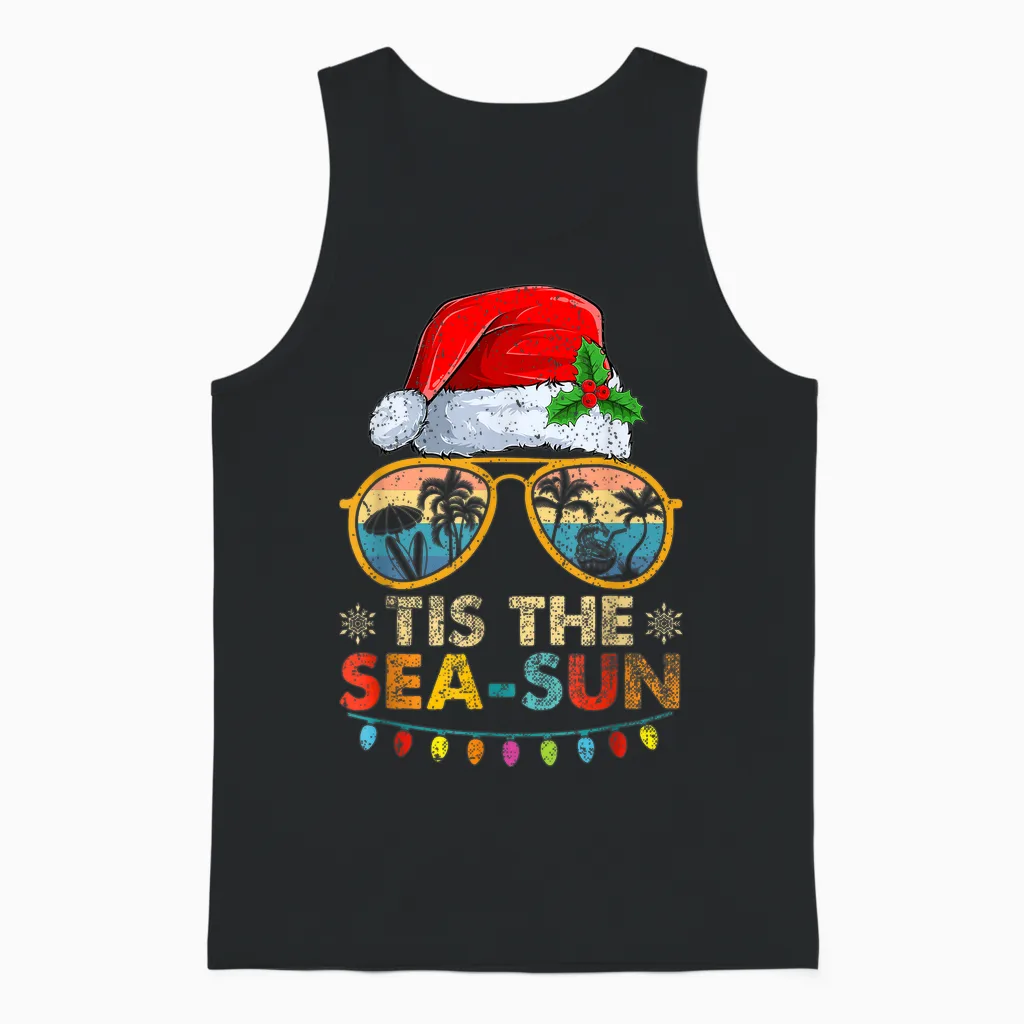 Tis the Sea Sun Santa Beach Summer Christmas in July Summer Unisex Tank Top in Black