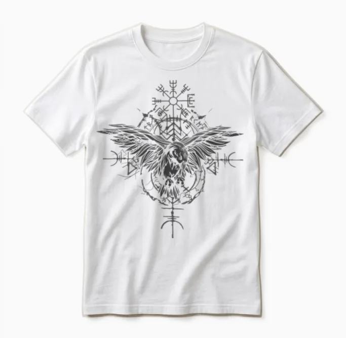 Walhalla Raven Odins Runes Nordic Compass Viking T-Shirt, Black Unisex T-Shirt in White