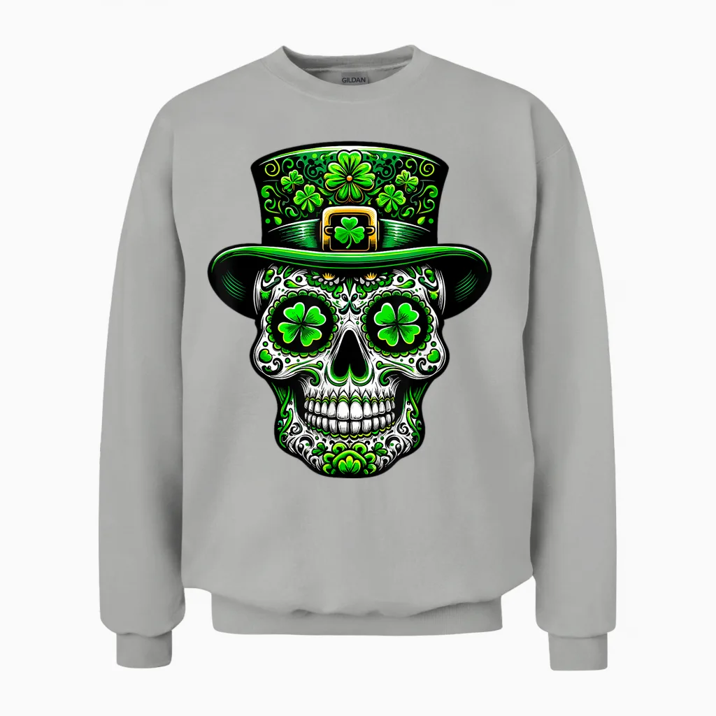 Ireland Sugar Skull Clover Irish St Patricks Day Costume T-Shirt, Black Unisex Sweatshirt in Ash